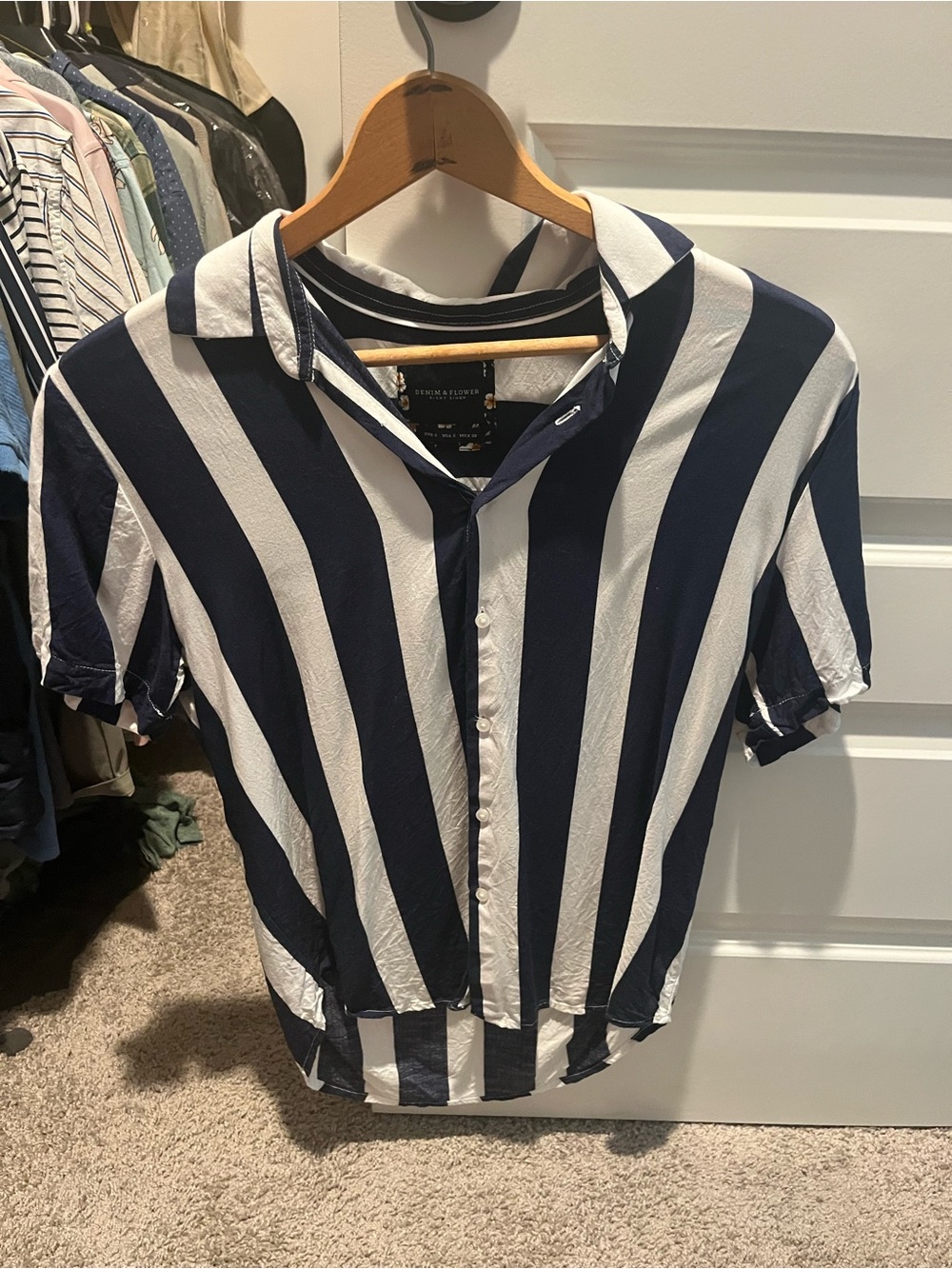 Denim & Flower Navy and White Striped Shirt with Floral Trim